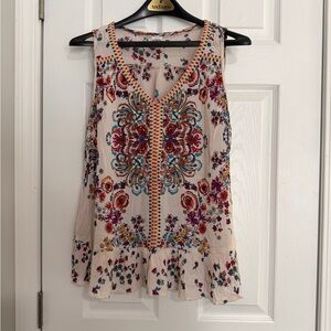 Bila Bohemian Ivory Floral Sleeveless Ruffle V-Neck Tunic Blouse Size L